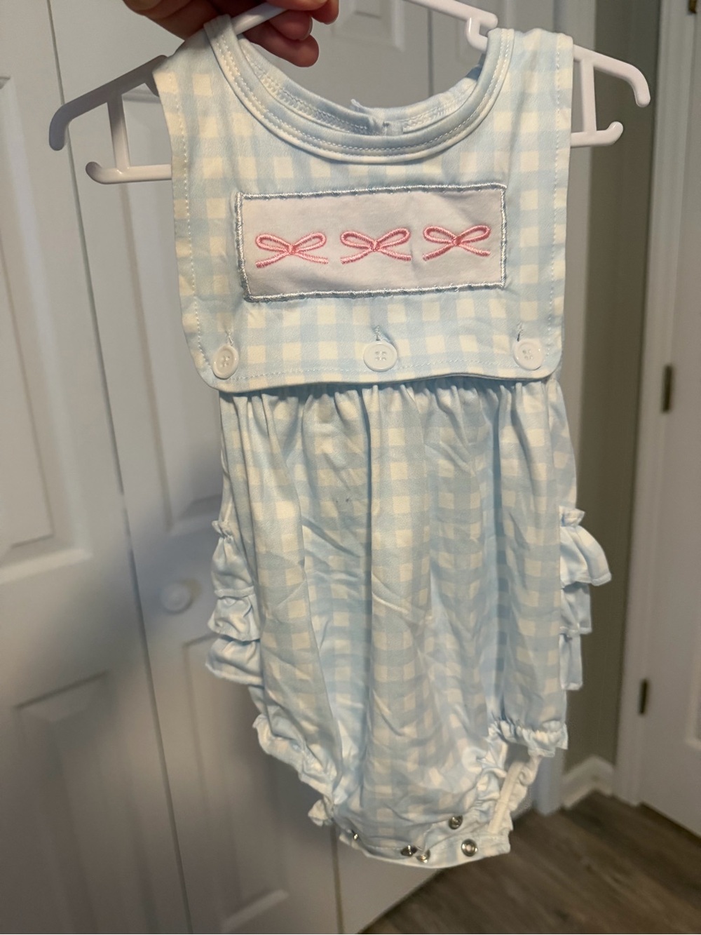Light Blue Gingham Baby Romper with Pink Bow Embroidery